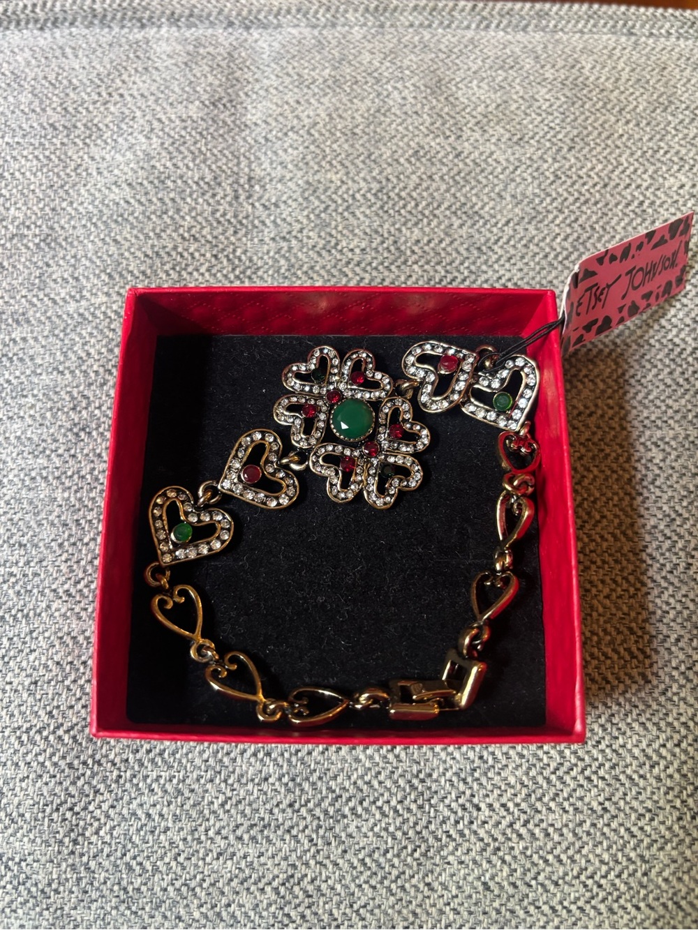Betsey Johnson Gold-Tone Bracelet with Green Center Crystal and Heart Accents